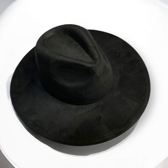 Black Wide Brim Tall Pinched Crown Fedora Rancher Hat  - NEW - Picture 2 of 2